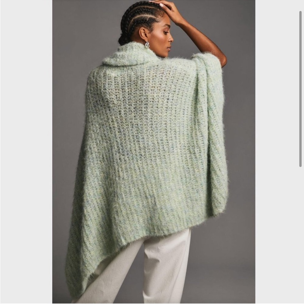 Anthropologie green funnel neck poncho sweater womens OS fuzzy cozy - Picture 3 of 10